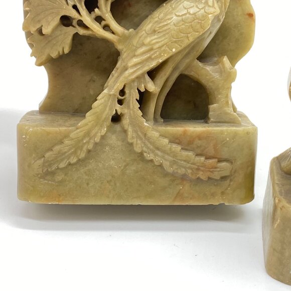 Vintage Pair of Hand-Carved Green Soapstone Bookends Phoenix Bird Lotus Flower - Picture 9 of 16